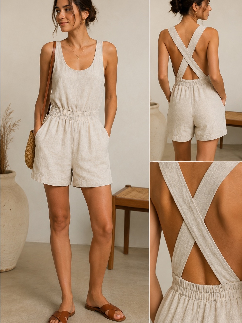 Oysho 100% Linen Cross Back Romper NWT Beige Size Small